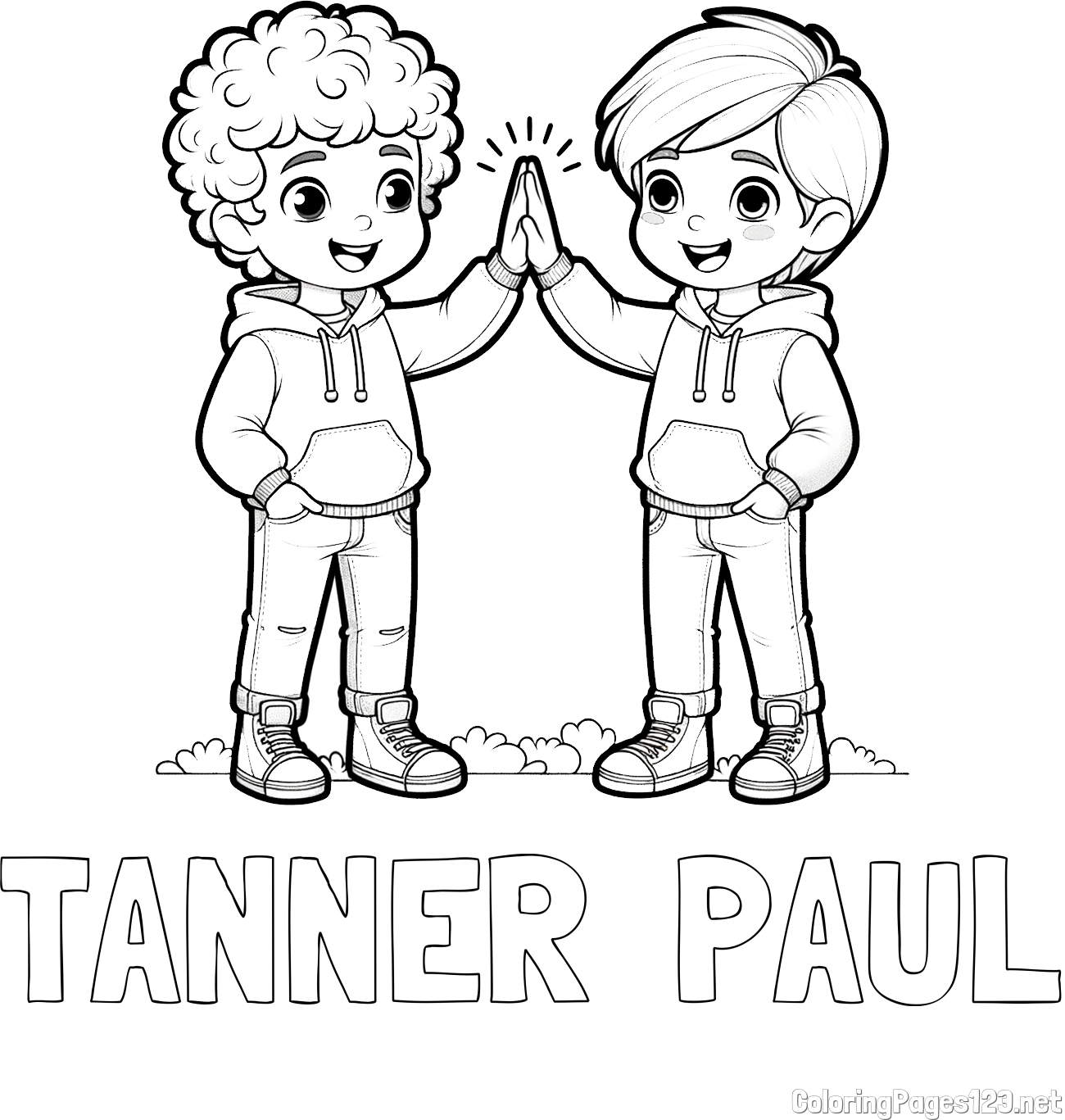 TANNER  PAUL Coloring Page and Coloring Page of Two Boys Giving High Five (Best Friends Forever)