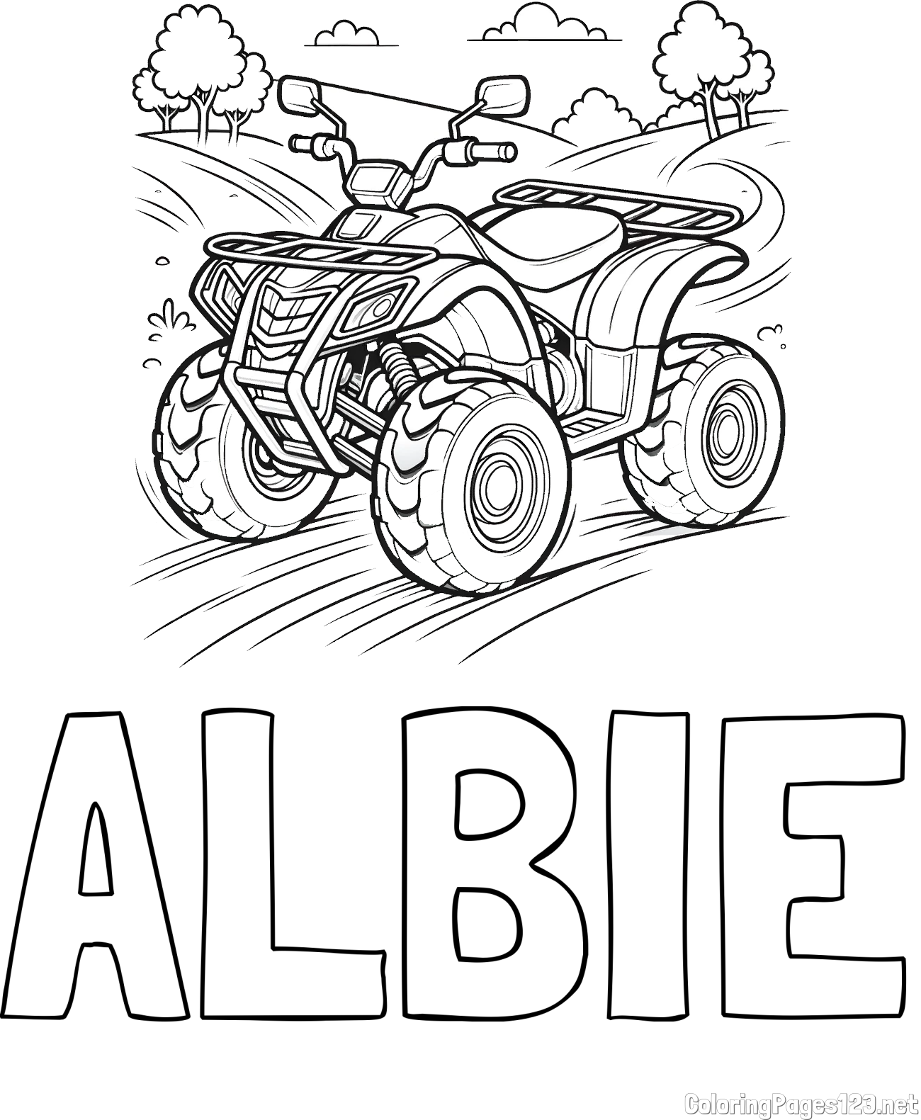 ALBIE Coloring Page and Four-Wheeler in Nature Coloring Page