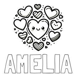 Online Created Coloring Page - AMELIA Coloring Page and Coloring Page of a Cute Cat Surrounded by Hearts