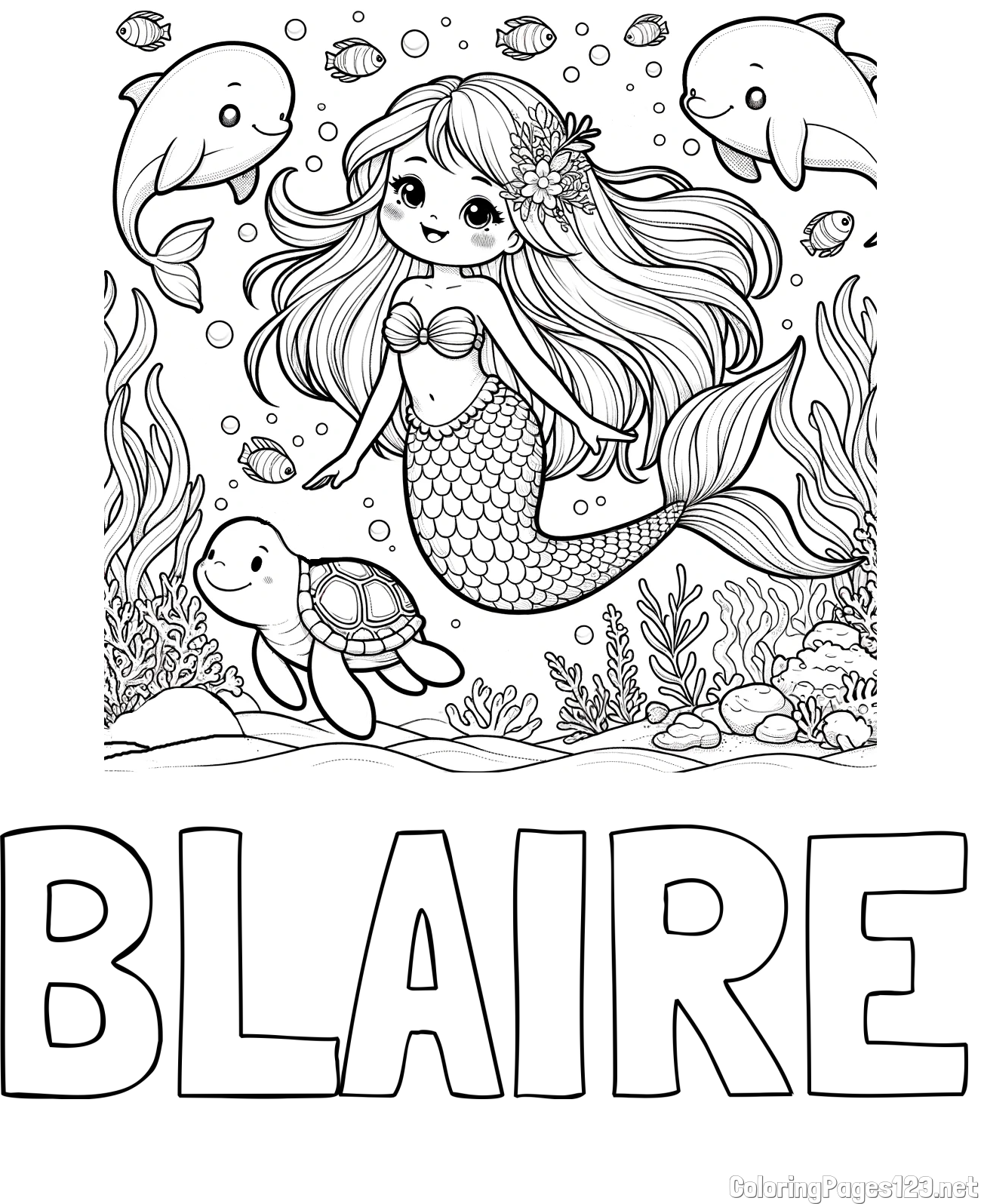 BLAIRE Coloring Page and Coloring Page of a Cute Mermaid with Friends