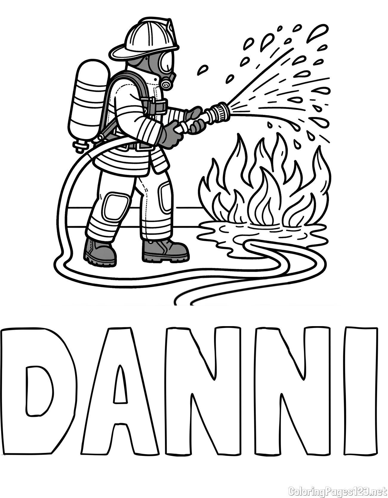 DANNI Coloring Page and A coloring page of a firefighter and a big fire