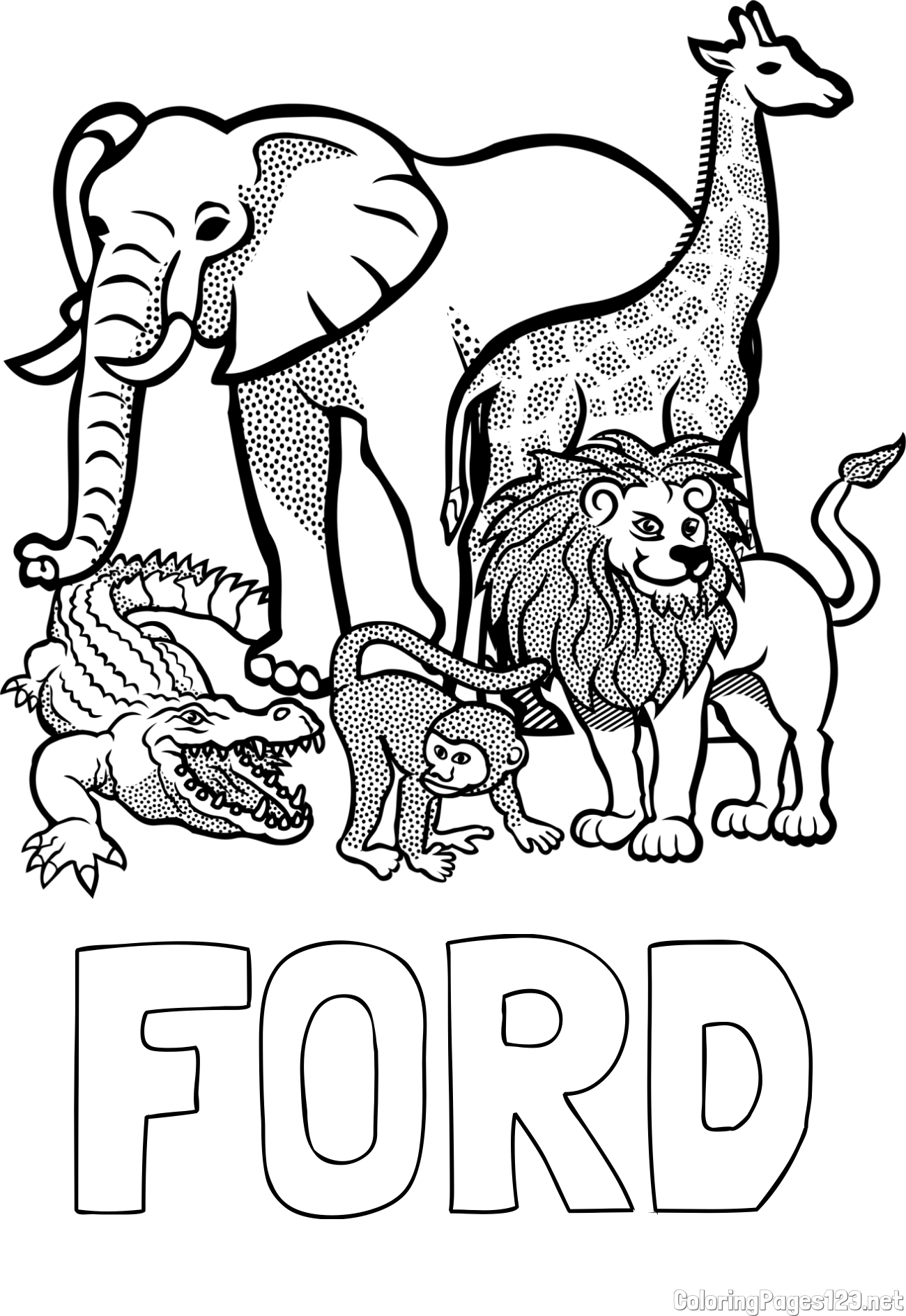 FORD Coloring Page and Zoo Animals Coloring Page - Elephant, Tiger, Monkey, and Crocodile