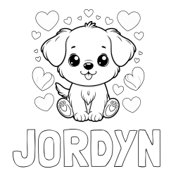Online Created Coloring Page - JORDYN Coloring Page and Coloring Page of a Cute Dog and Hearts