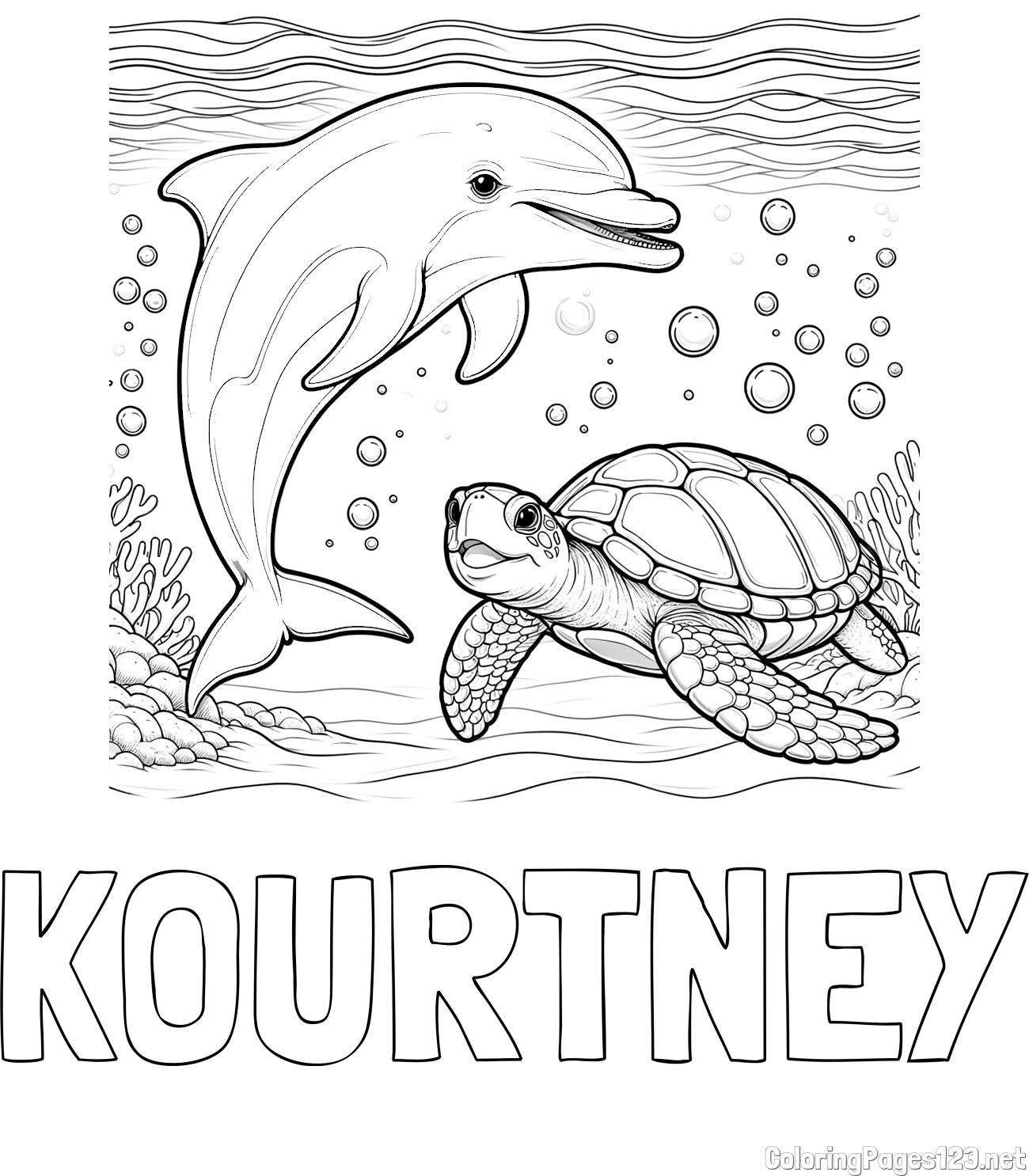 KOURTNEY Coloring Page and Coloring Book of a Cute Dolphin and Its Turtle Friend"