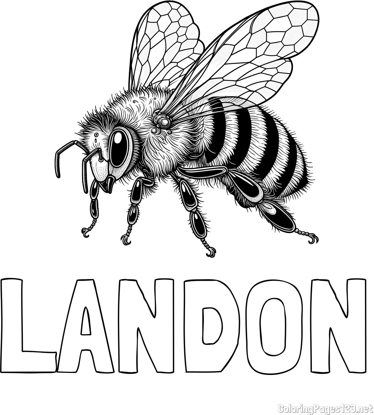LANDON Coloring Page and Coloring Page of a Beautiful and Realistically Designed Bee