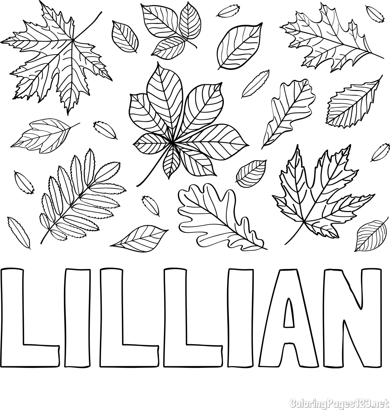 LILLIAN Coloring Page and Autumn Leaves Coloring Page