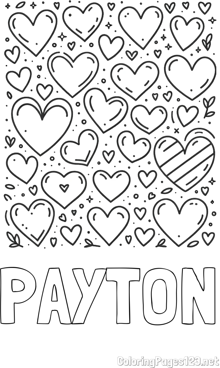 PAYTON Coloring Page and Children's Coloring Page of Many Hearts