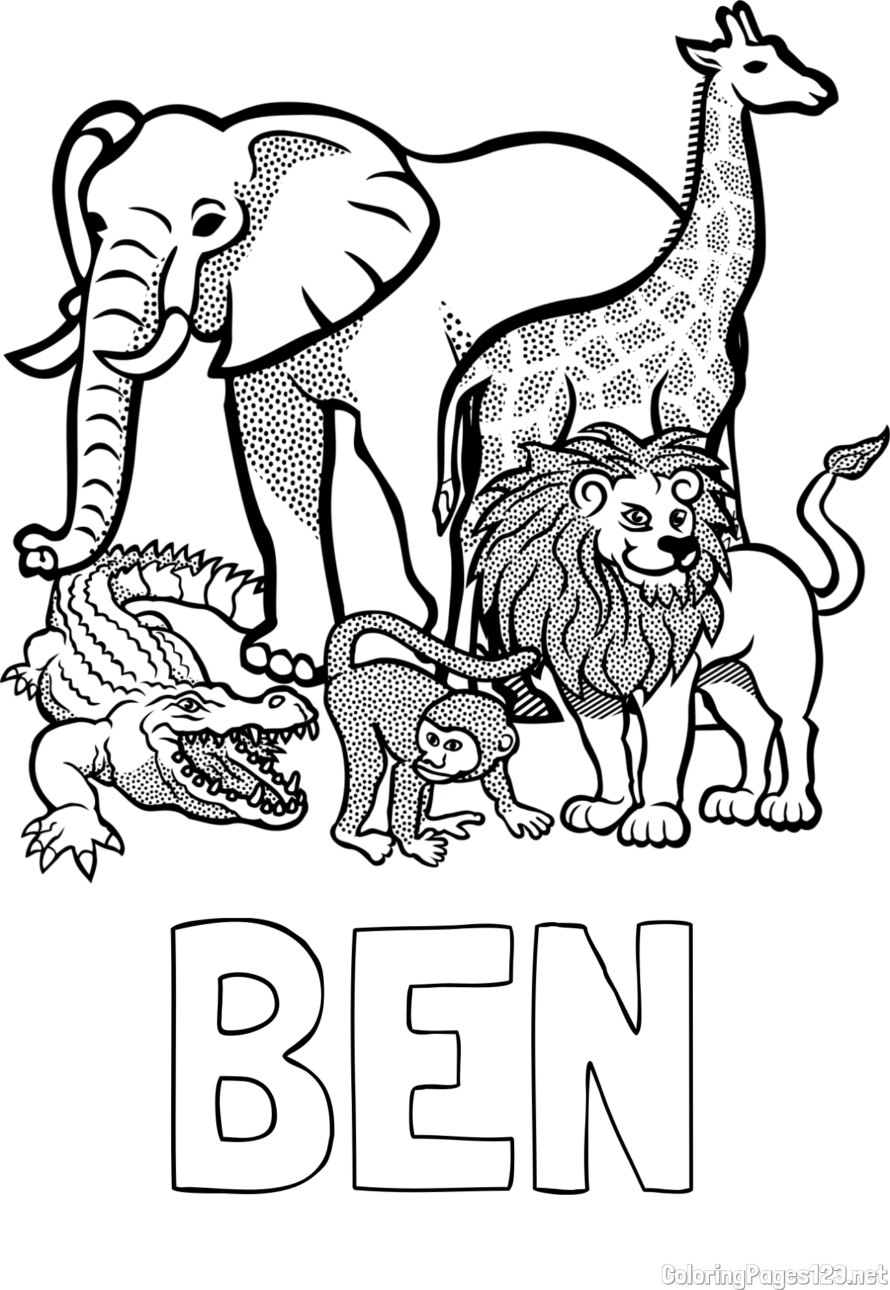 BEN Coloring Page and Zoo Animals Coloring Page - Elephant, Tiger, Monkey, and Crocodile