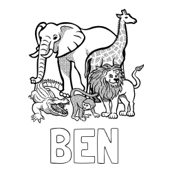 Online Created Coloring Page - BEN Coloring Page and Zoo Animals Coloring Page - Elephant, Tiger, Monkey, and Crocodile
