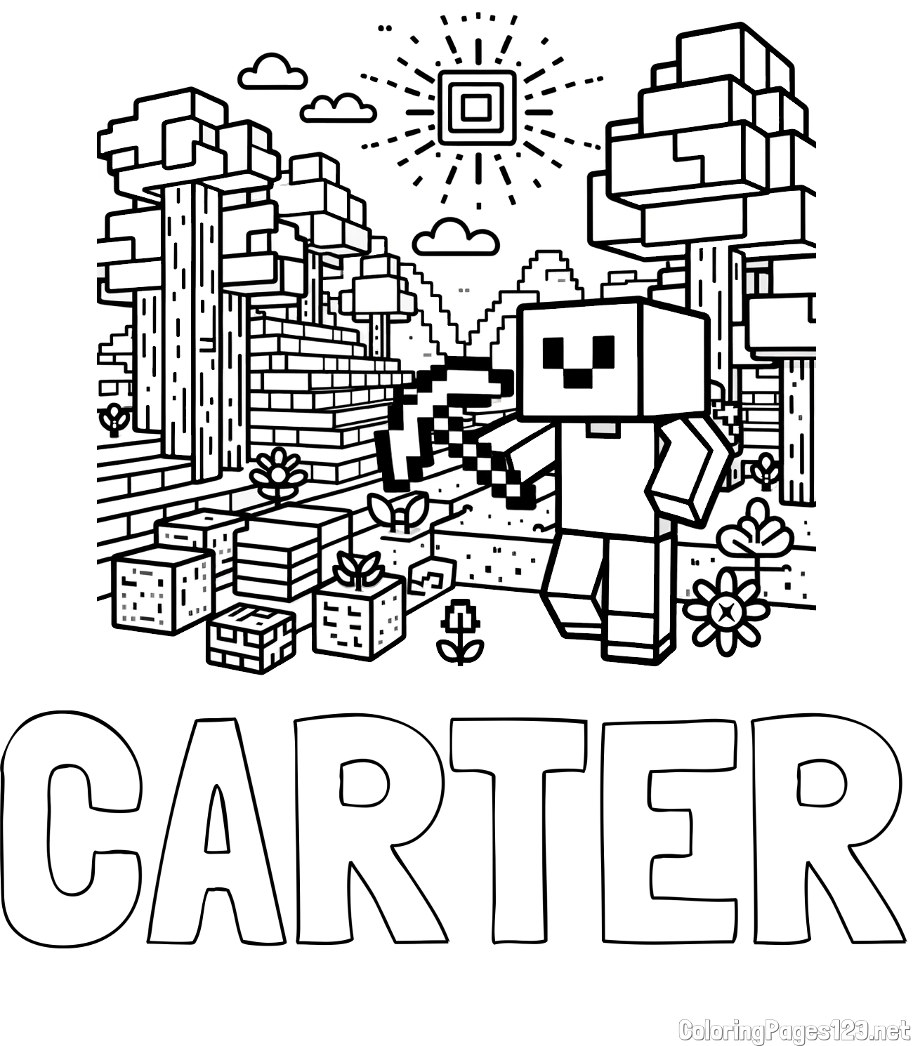 CARTER Coloring Page and Minecraft World Coloring Page
