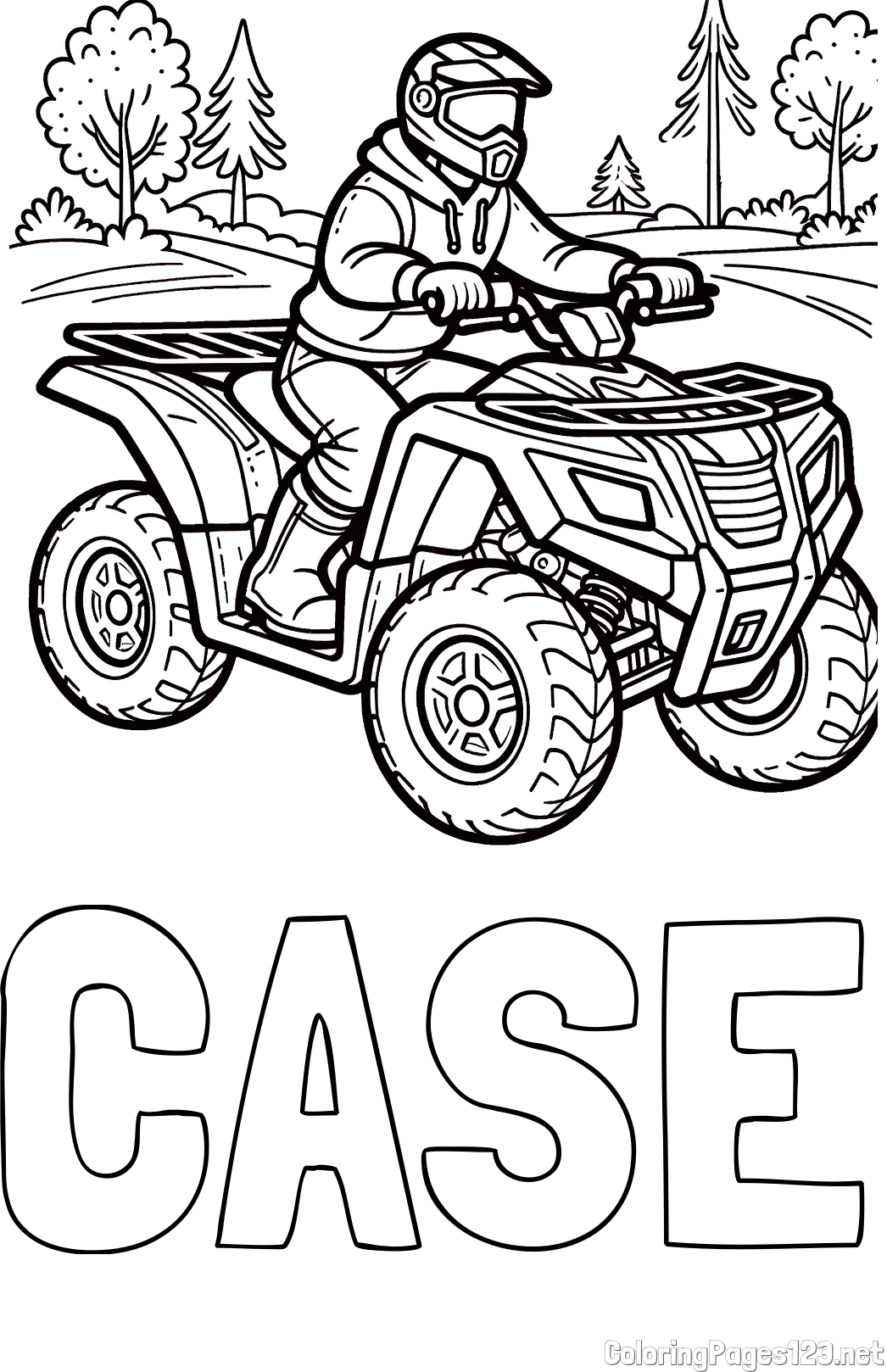 CASE Coloring Page and Motorist on ATV Coloring Page