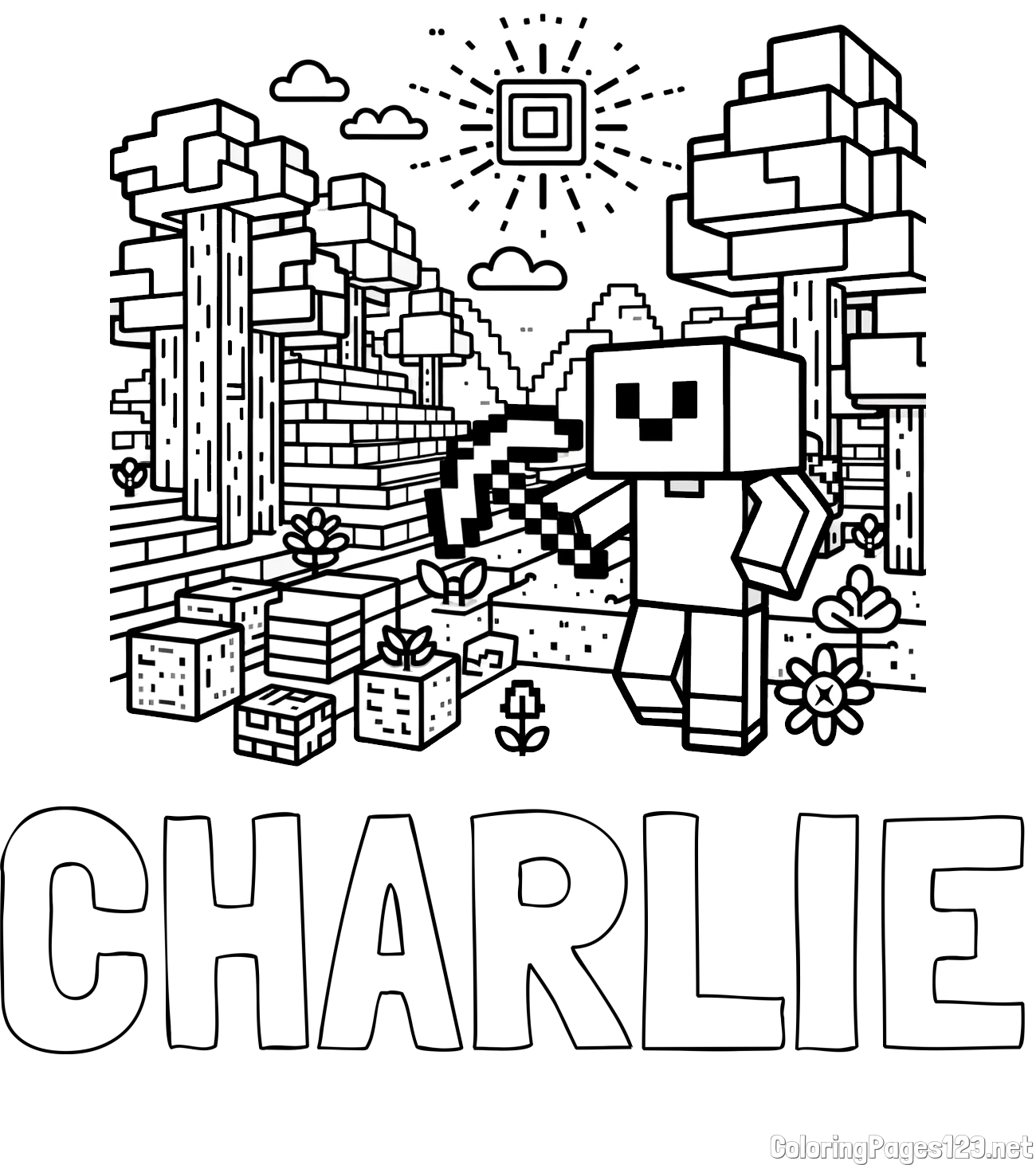 CHARLIE Coloring Page and Minecraft World Coloring Page
