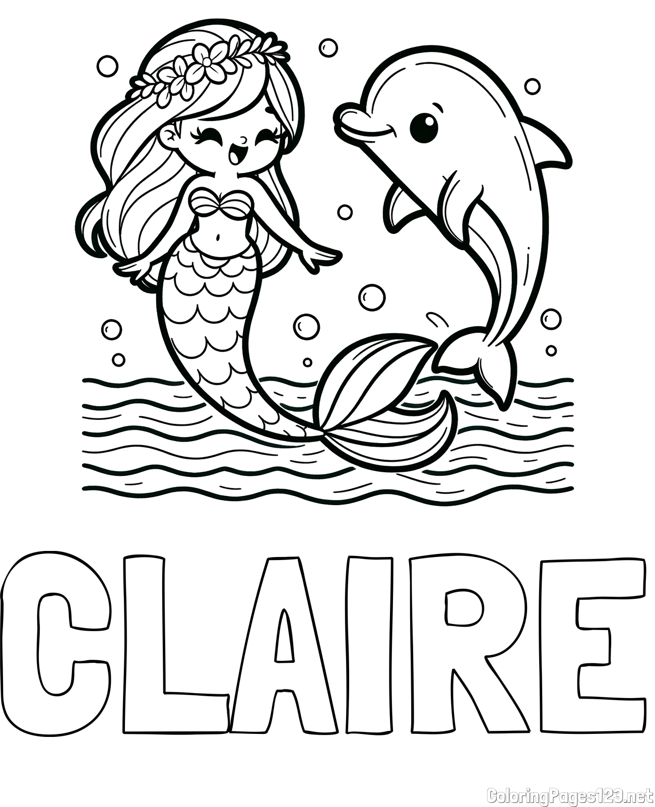 CLAIRE Coloring Page and Coloring Page of a Cute Mermaid Dancing with a Dolphin