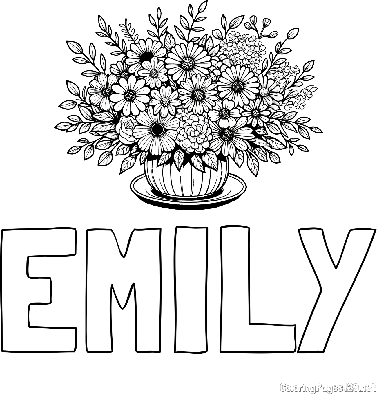 EMILY Coloring Page and Beautiful Bouquet of Flowers Coloring Page