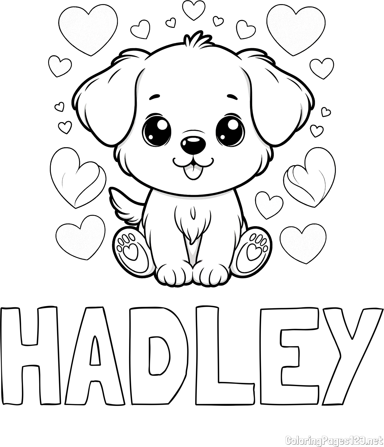 HADLEY Coloring Page and Coloring Page of a Cute Dog and Hearts