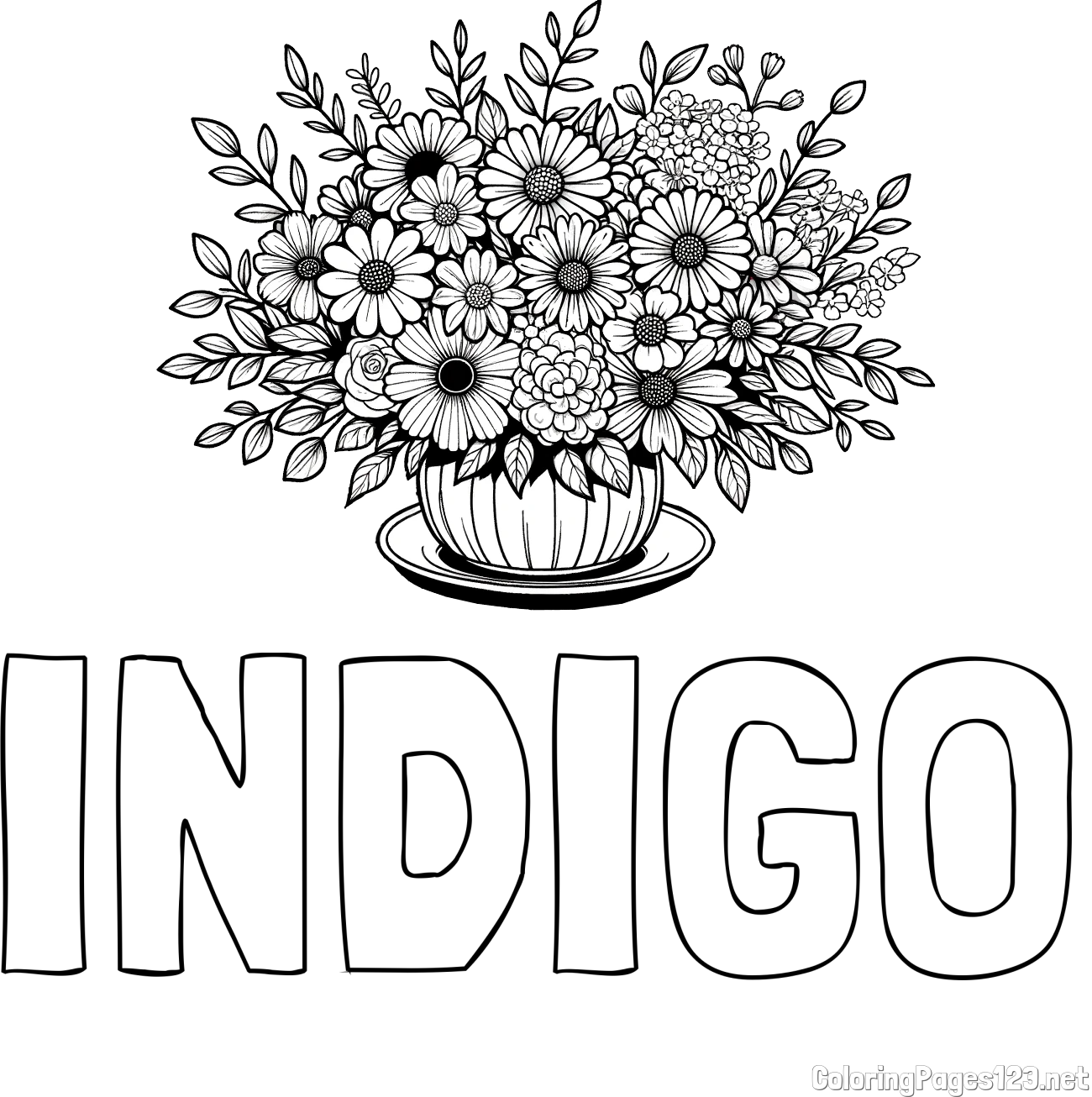INDIGO Coloring Page and Beautiful Bouquet of Flowers Coloring Page
