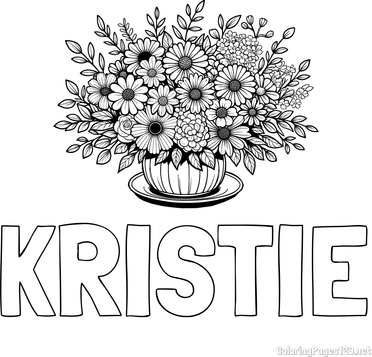 KRISTIE Coloring Page and Beautiful Bouquet of Flowers Coloring Page