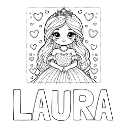 LAURA Coloring Page and Coloring Page of a Princess Surrounded by Hearts