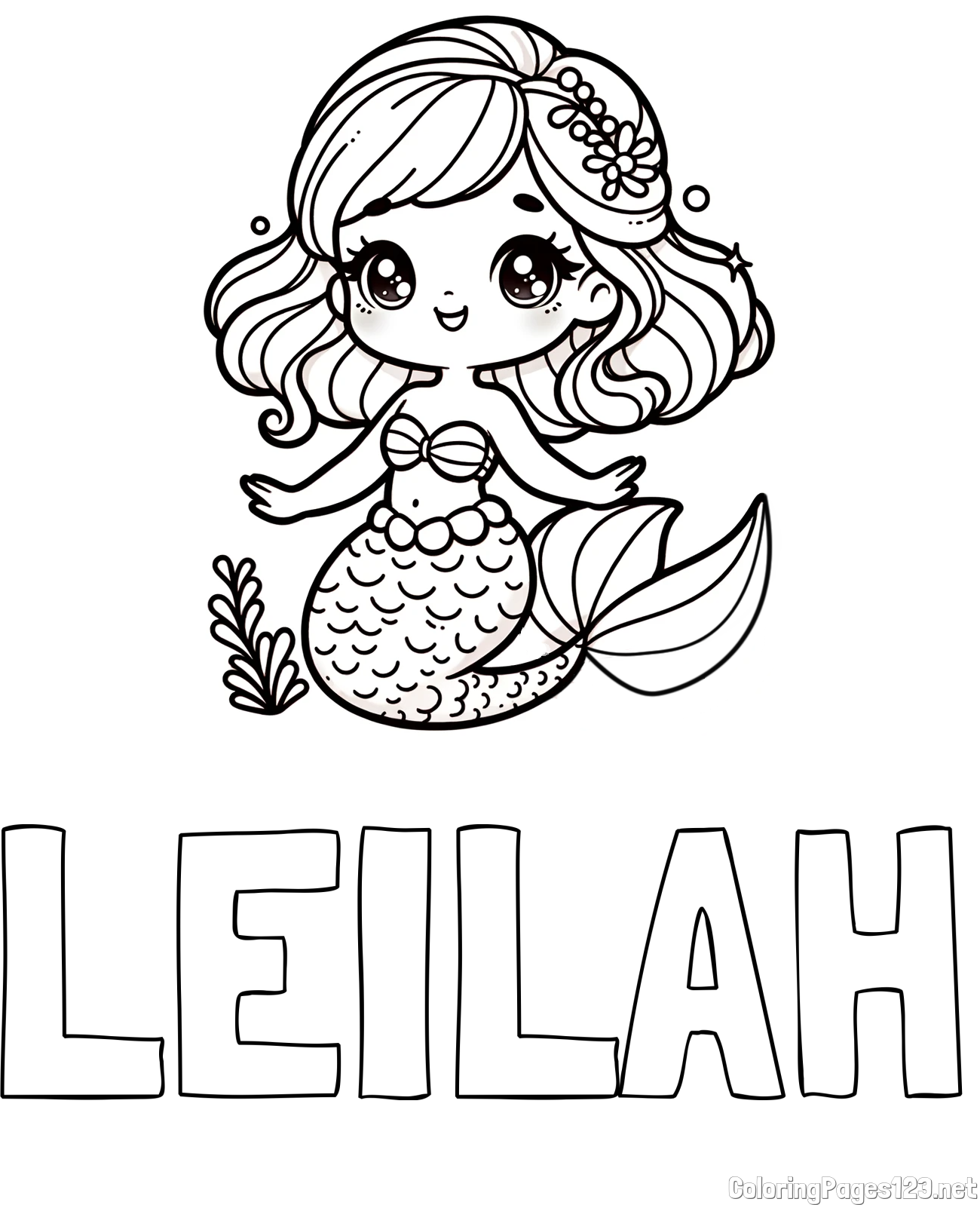 LEILAH Coloring Page and Coloring Page of a Charming Mermaid