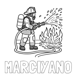 MARCIYANO Coloring Page and A coloring page of a firefighter and a big fire