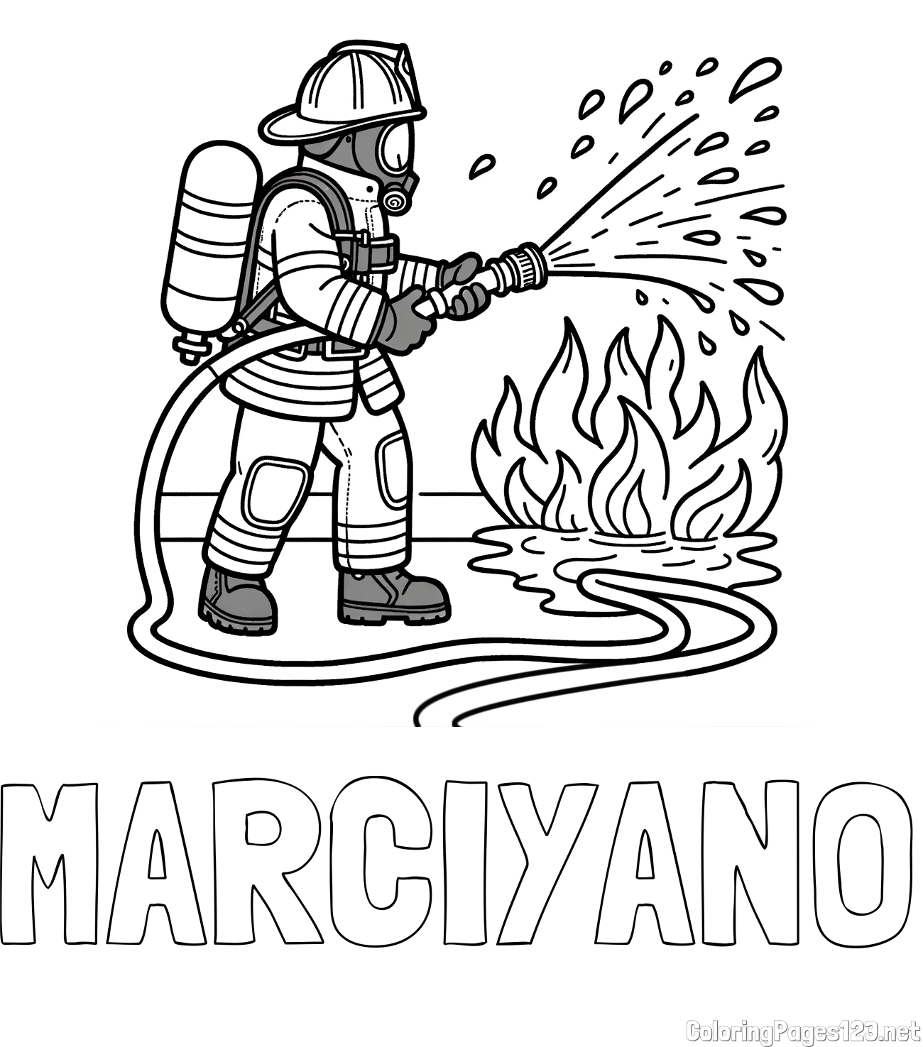 MARCIYANO Coloring Page and A coloring page of a firefighter and a big fire