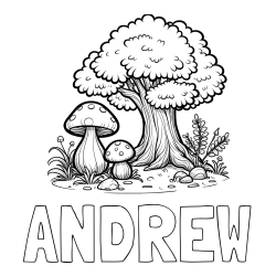 Online Created Coloring Page - ANDREW Coloring Page and Coloring Page of Two Mushrooms and a Big Tree