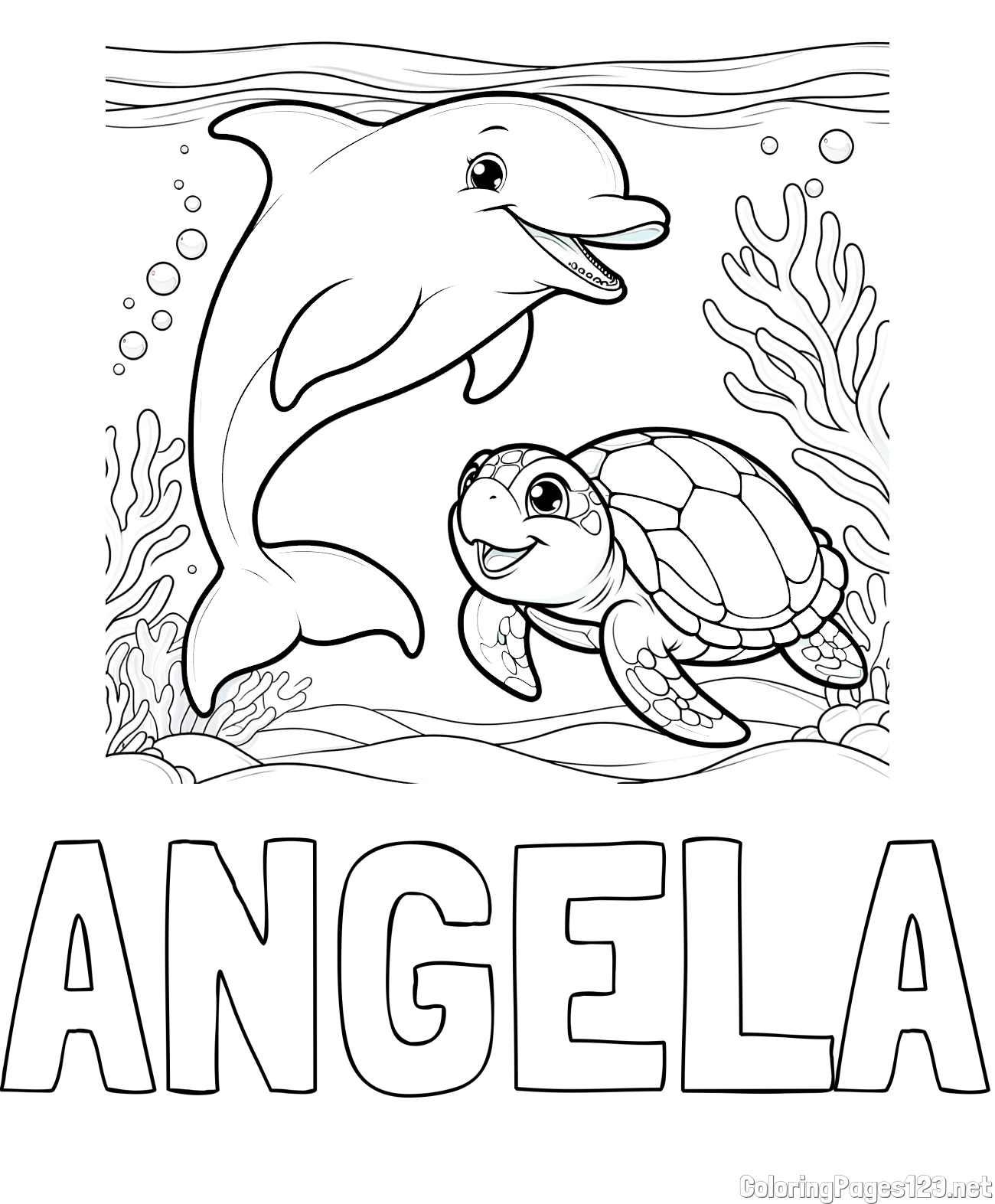 ANGELA Coloring Page and Coloring Book of a Cute Dolphin with a Turtle in the Sea