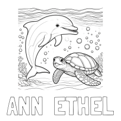 Online Created Coloring Page - ANN  ETHEL Coloring Page and Coloring Book of a Cute Dolphin and Its Turtle Friend"