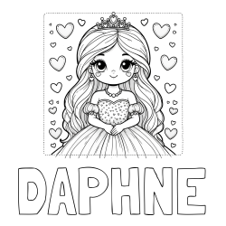 DAPHNE Coloring Page and Coloring Page of a Princess Surrounded by Hearts