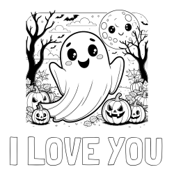 Online Created Coloring Page - I LOVE YOU Coloring Page and Halloween Coloring Page of a Ghost with Pumpkins