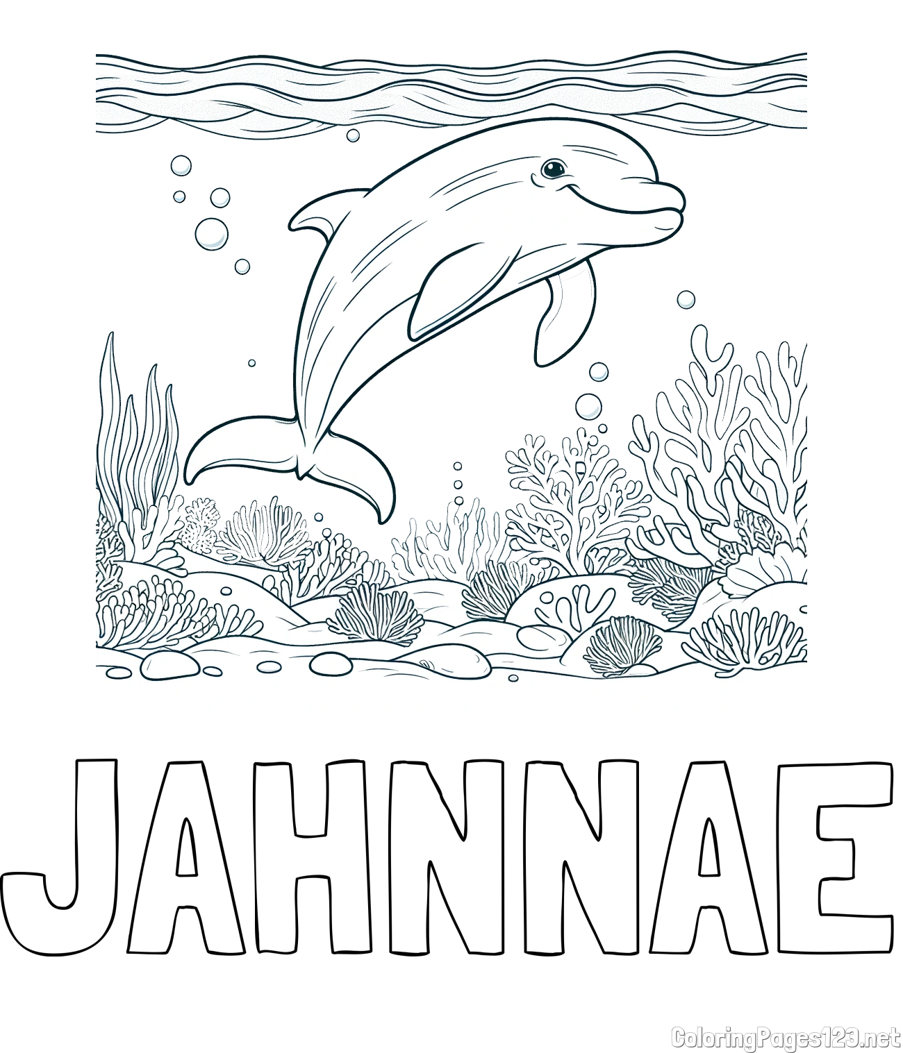 JAHNNAE Coloring Page and Coloring Page of a Cute Dolphin Swimming in the Sea