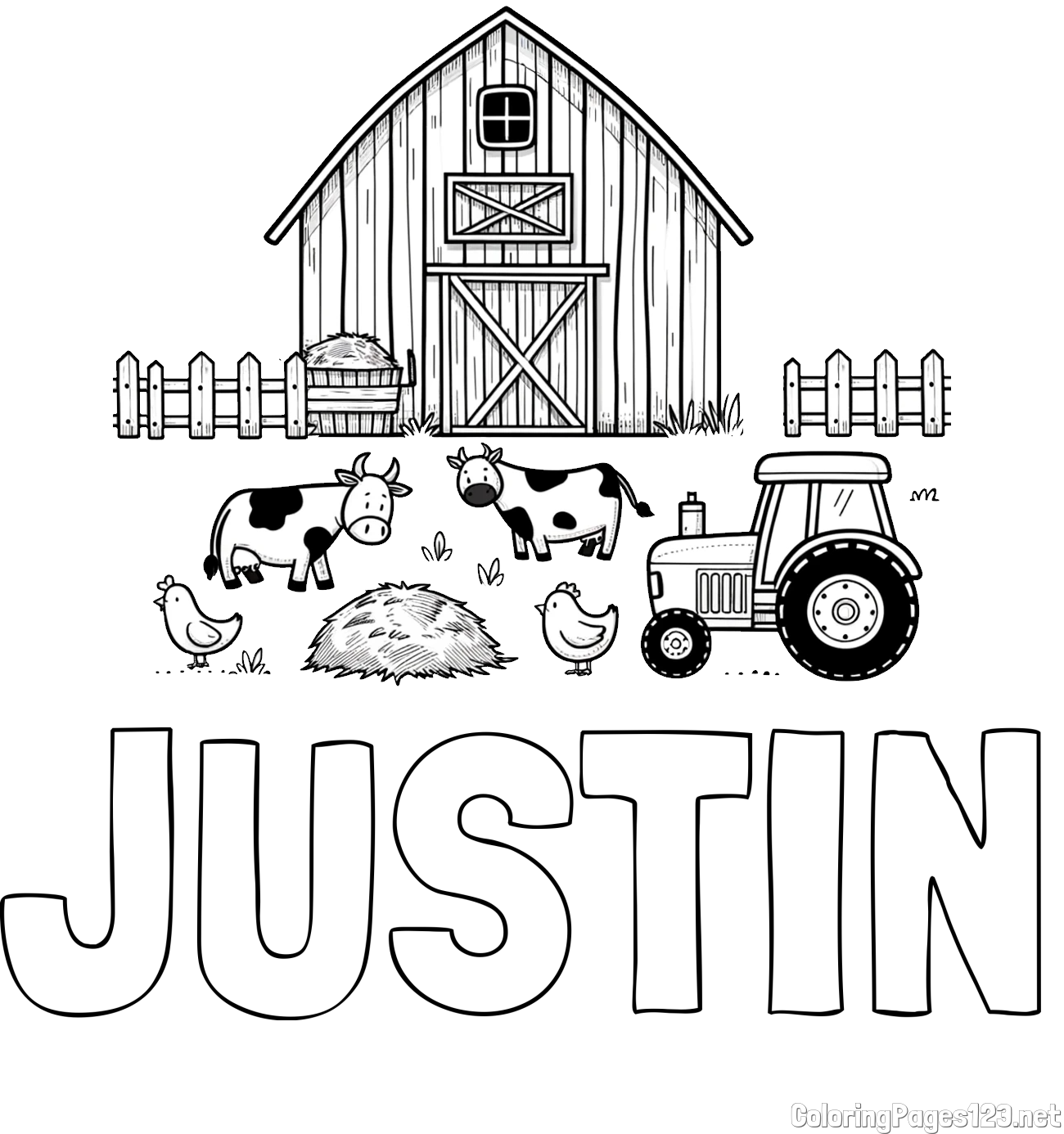 JUSTIN Coloring Page and Kids Farm Coloring Page