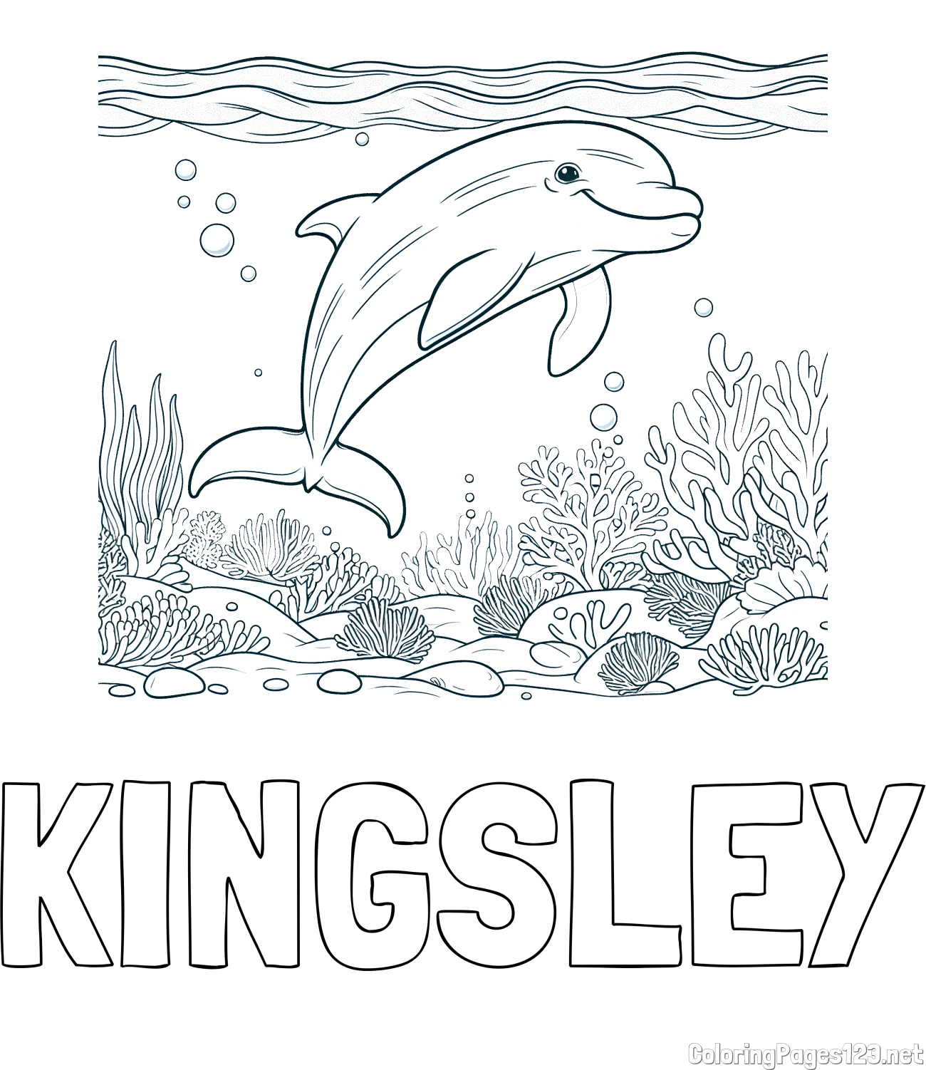 KINGSLEY Coloring Page and Coloring Page of a Cute Dolphin Swimming in the Sea