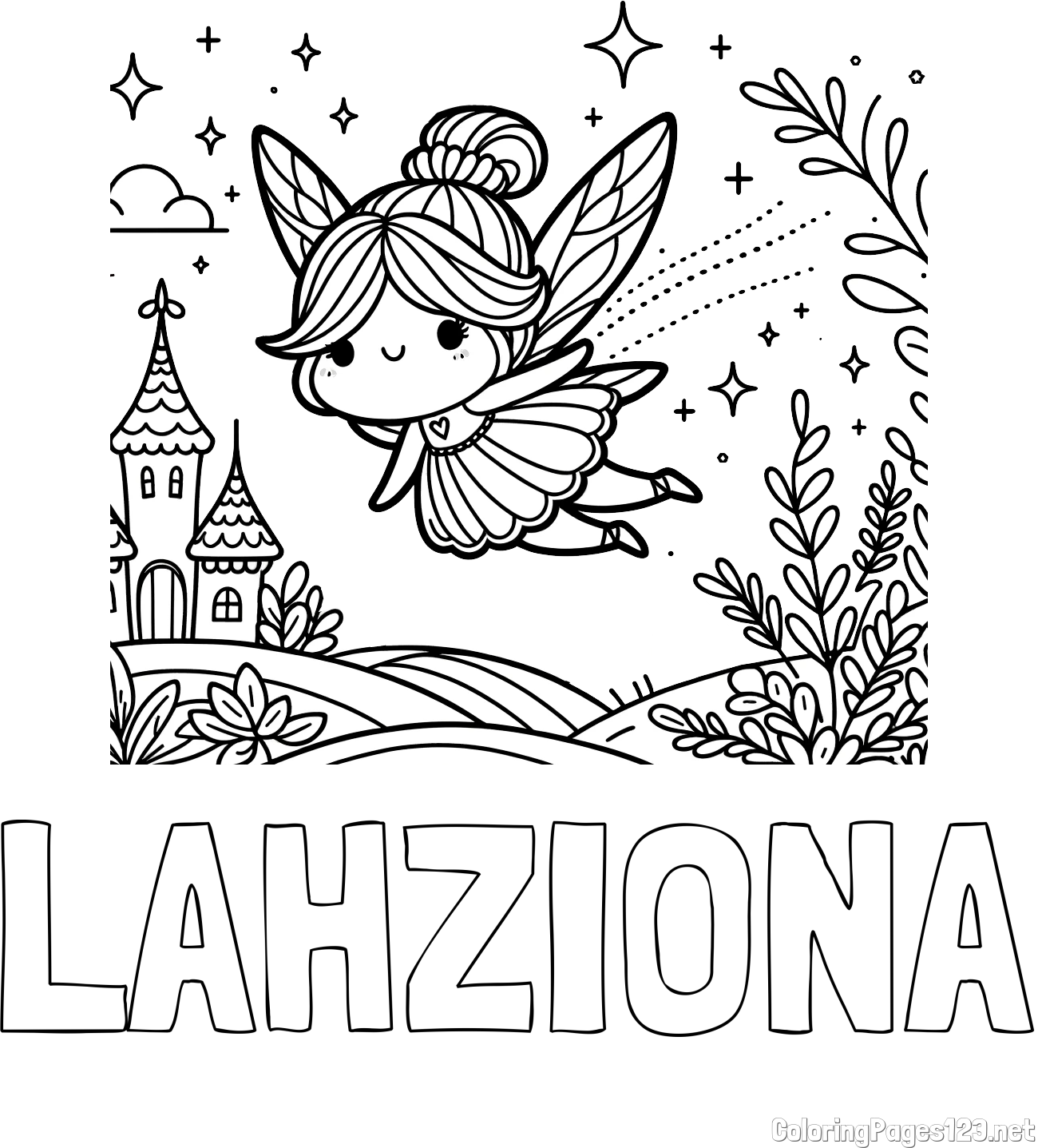 LAHZIONA Coloring Page and Coloring Page of a Fairy Flying Over a Fairy-Tale Landscape