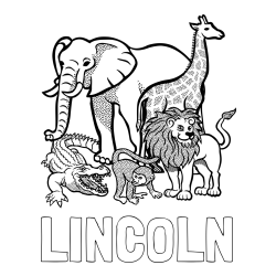 Online Created Coloring Page - LINCOLN Coloring Page and Zoo Animals Coloring Page - Elephant, Tiger, Monkey, and Crocodile