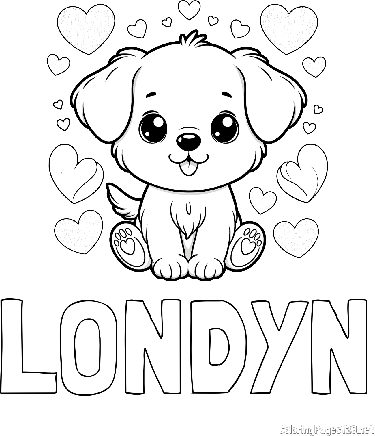 LONDYN Coloring Page and Coloring Page of a Cute Dog and Hearts