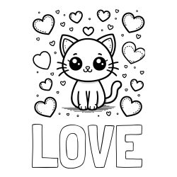 LOVE Coloring Page and Free Coloring Page of a Cat and Hearts