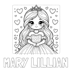 MARY LILLIAN Coloring Page and Coloring Page of a Princess Surrounded by Hearts