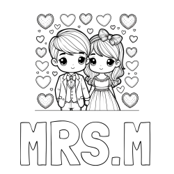 Online Created Coloring Page - MRS.M Coloring Page and Coloring Page of a Couple Surrounded by Hearts