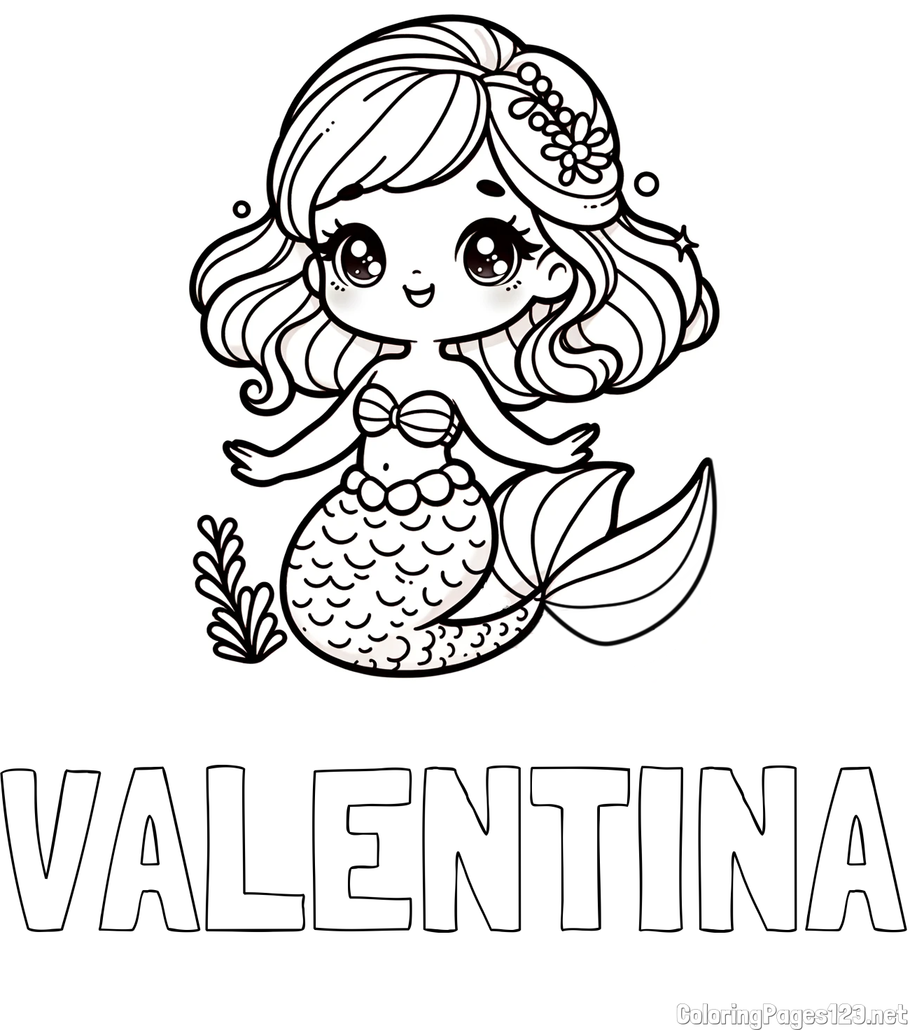 VALENTINA Coloring Page and Coloring Page of a Charming Mermaid