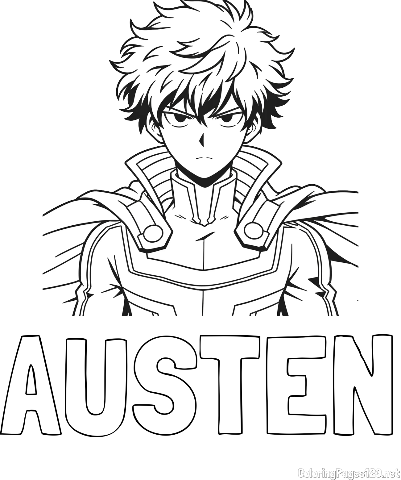 AUSTEN Coloring Page and Coloring Page of an Anime Superhero