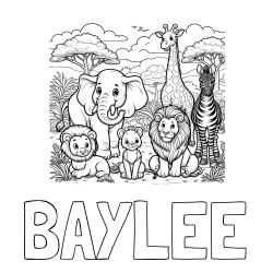 Online Created Coloring Page - BAYLEE Coloring Page and Beautiful Animal Coloring Page - Lion Family, Elephant, Giraffe, and Zebra