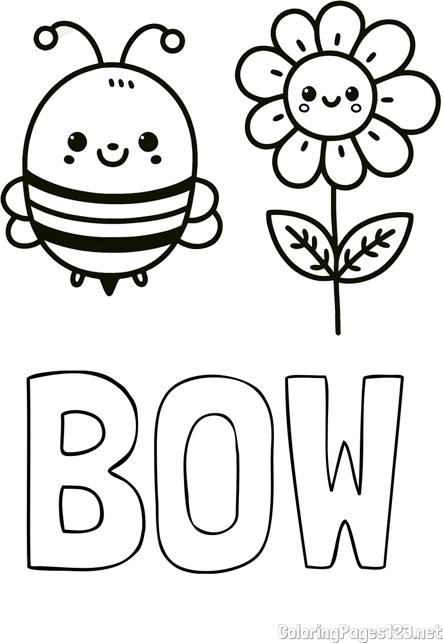 BOW Coloring Page and Coloring Page of a Cute Bee and Smiling Flowers