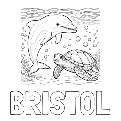 BRISTOL Coloring Page and Coloring Book of a Cute Dolphin and Its Turtle Friend"