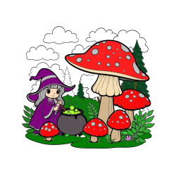 Pobarvana pobarvanka - Coloring Page of a Cute Witch, Mushrooms, and a Forest