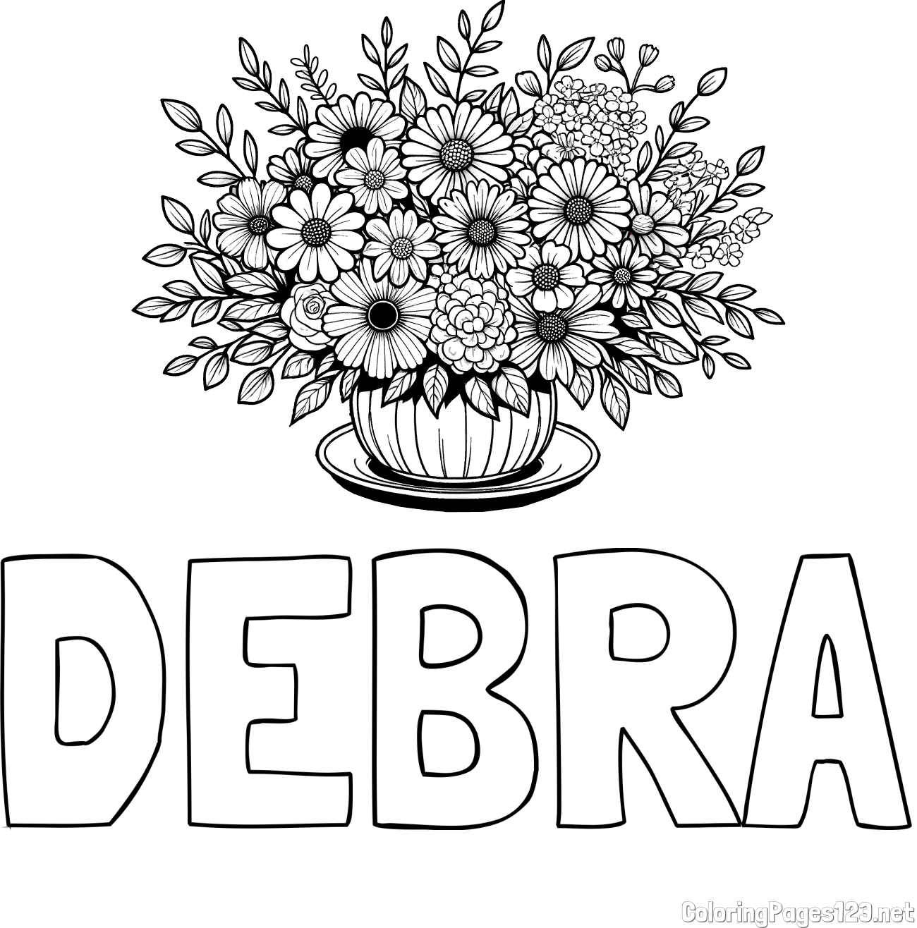 DEBRA Coloring Page and Beautiful Bouquet of Flowers Coloring Page
