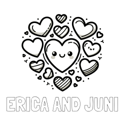 ERICA AND JUNI Coloring Page and Coloring Page of a Cute Cat Surrounded by Hearts