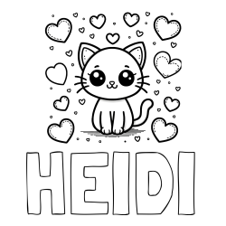 HEIDI Coloring Page and Free Coloring Page of a Cat and Hearts