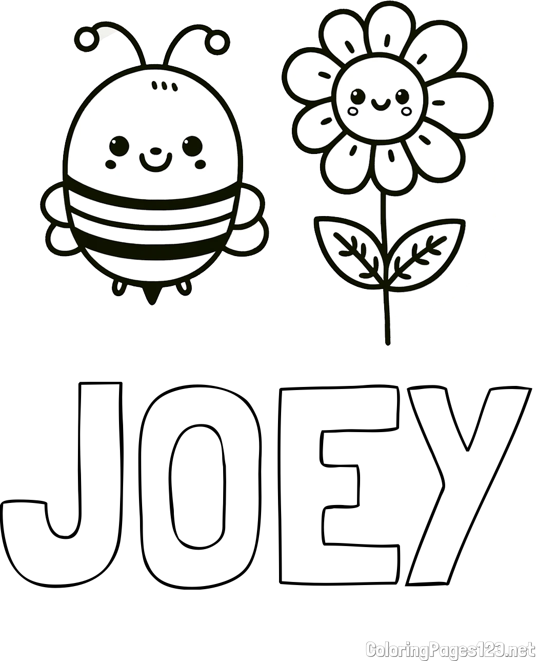 JOEY Coloring Page and Coloring Page of a Cute Bee and Smiling Flowers