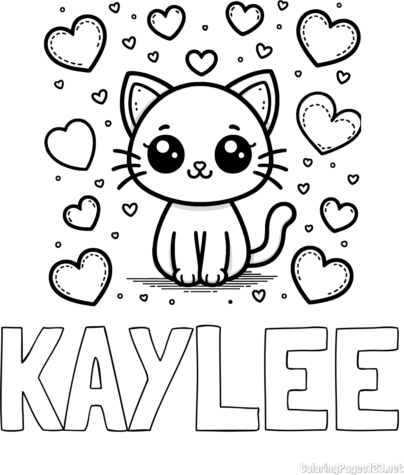 KAYLEE Coloring Page and Free Coloring Page of a Cat and Hearts